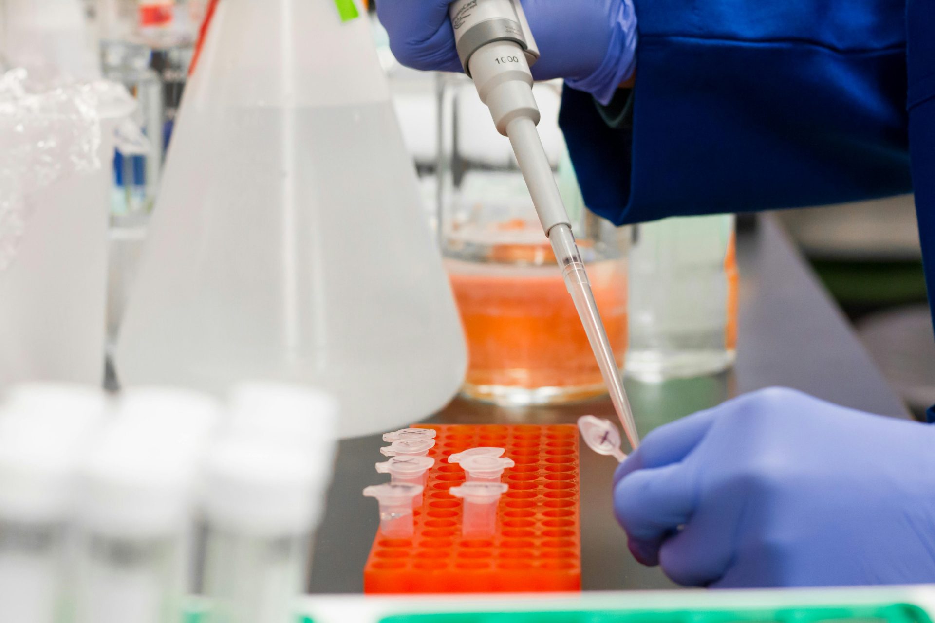 Nahaufnahme eines Wissenschaftlers, der im Labor mit Reagenzgläsern eine Pipette verwendet.