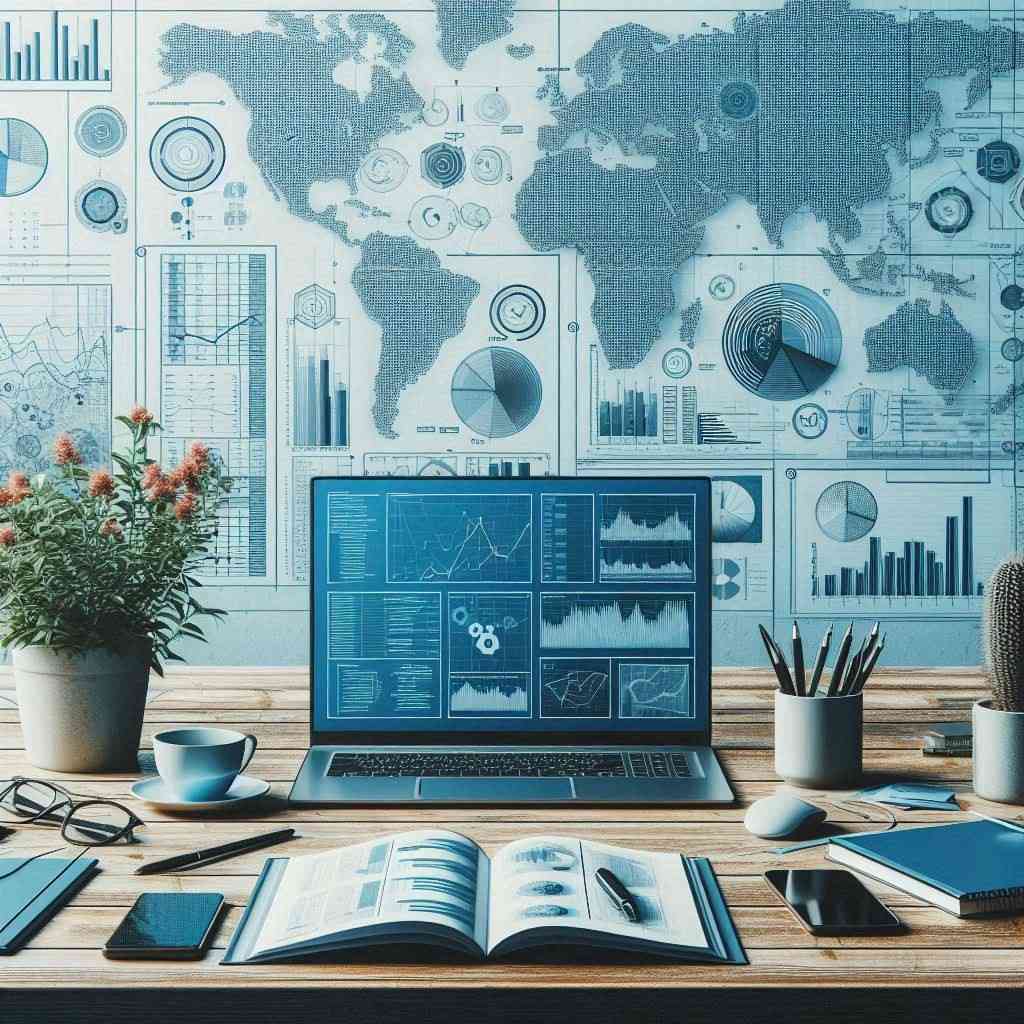 Schreibtisch mit offenem Laptop, der Datenvisualisierungen anzeigt, vor einer Wand mit Weltkarte und zahlreichen Infografiken.